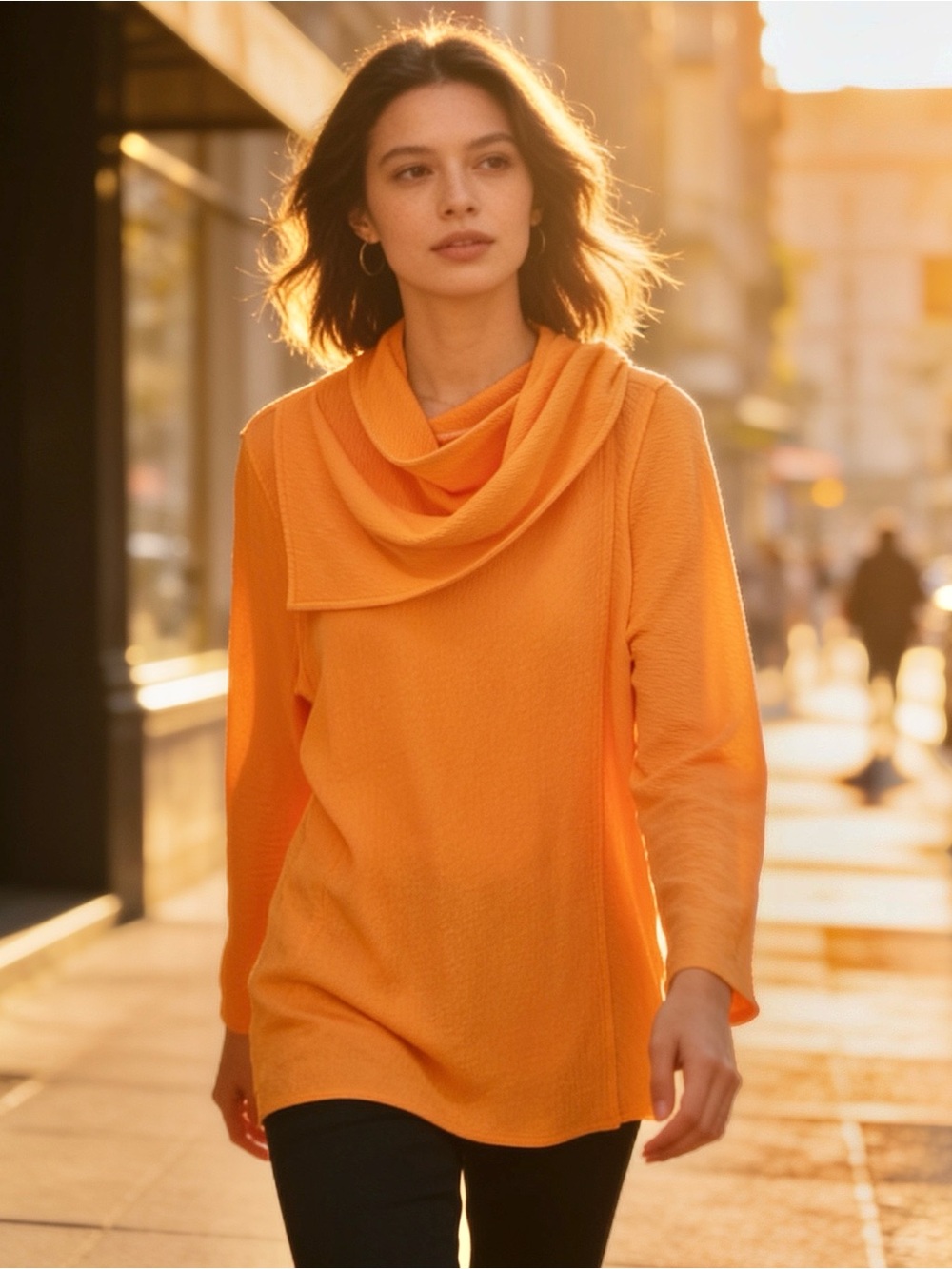 Soft Surroundings Women’s Orange Draped Cowl-Neck Pullover Top-size Large